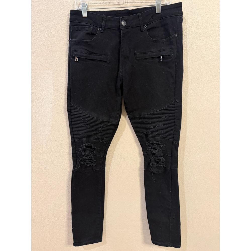 Forever 21 Men Black Moto Skinny Jeans‎ Distressed Ribbed Biker Denim Size 33